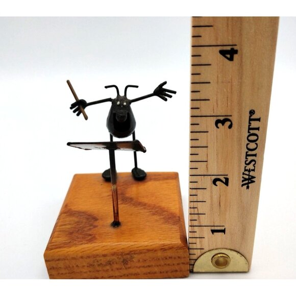 Metal Flea Music Conductor on Wood Block Vintage 1980s Insect Sculpture 3 Inch - Picture 8 of 8